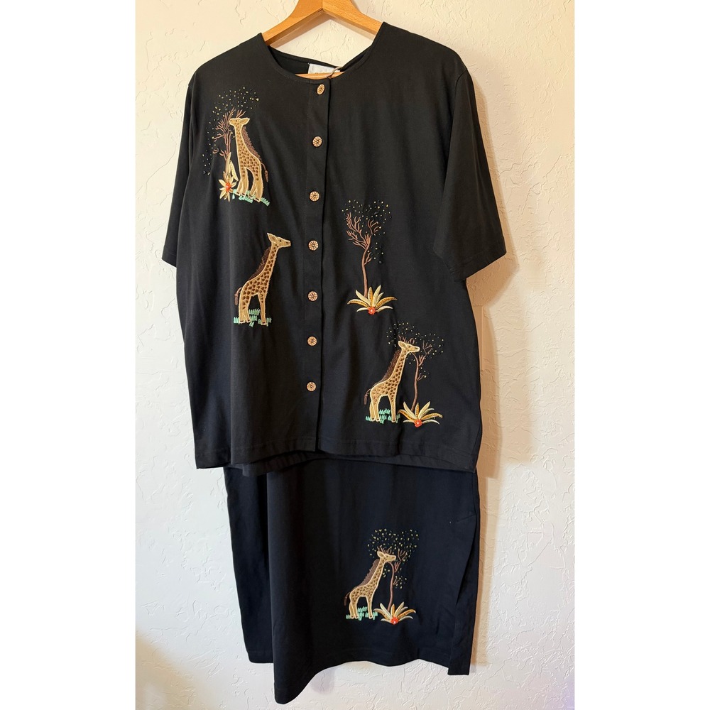 Vtg Quacker Factory Giraffe Safari 2pc Set Top Skirt Black Embroidered Large